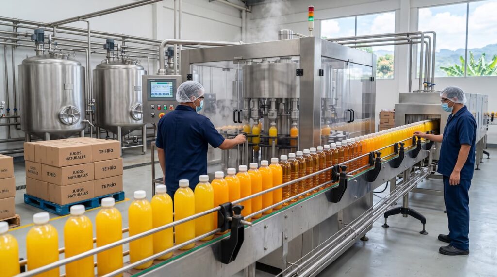 Dos hombres en una fábrica de Envasado de bebidas en Guatemala, envasando jugo de naranja en botellas.