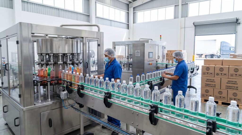 Trabajadores en una fábrica llenando botellas de agua en una fábrica de Envasado de bebidas en Guatemala