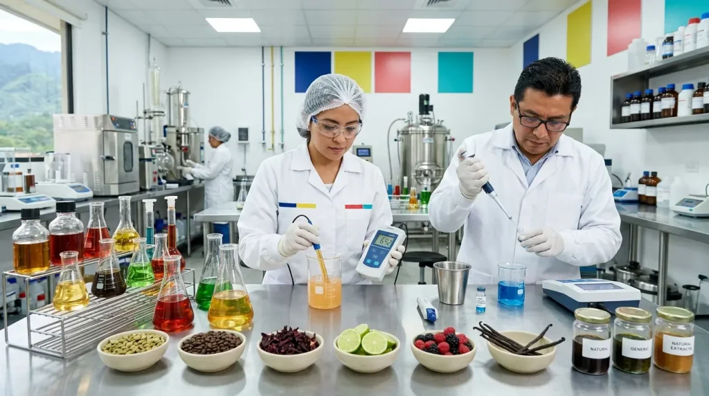 Especialistas desarrollando fórmulas para bebidas antes del proceso de envasado.