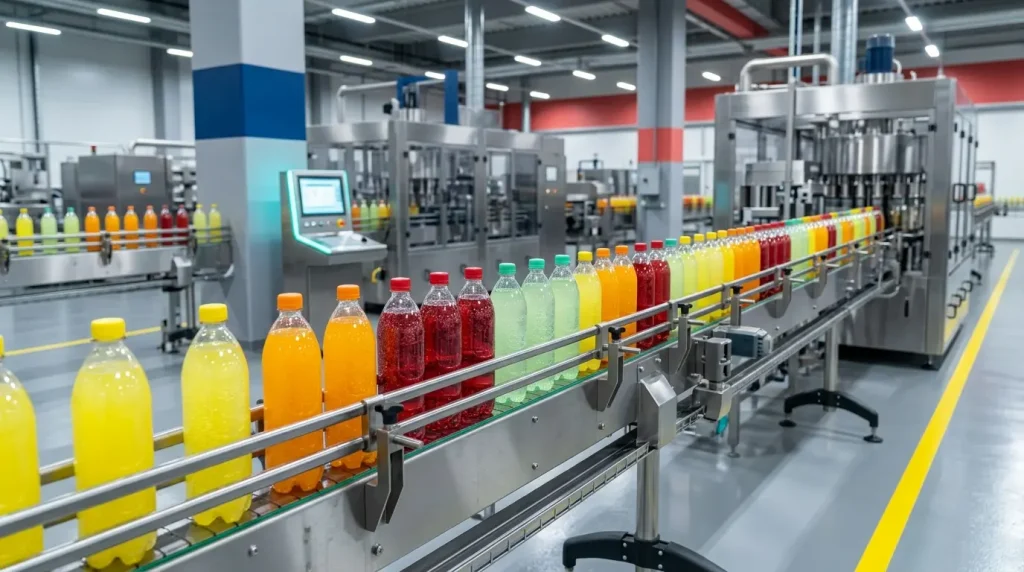 Línea industrial para producir aguas carbonatadas saborizadas en botellas PET.