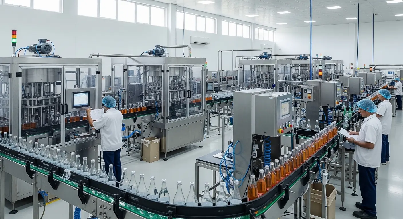 Planta de envasado de bebidas en Guatemala con líneas automatizadas y control industrial