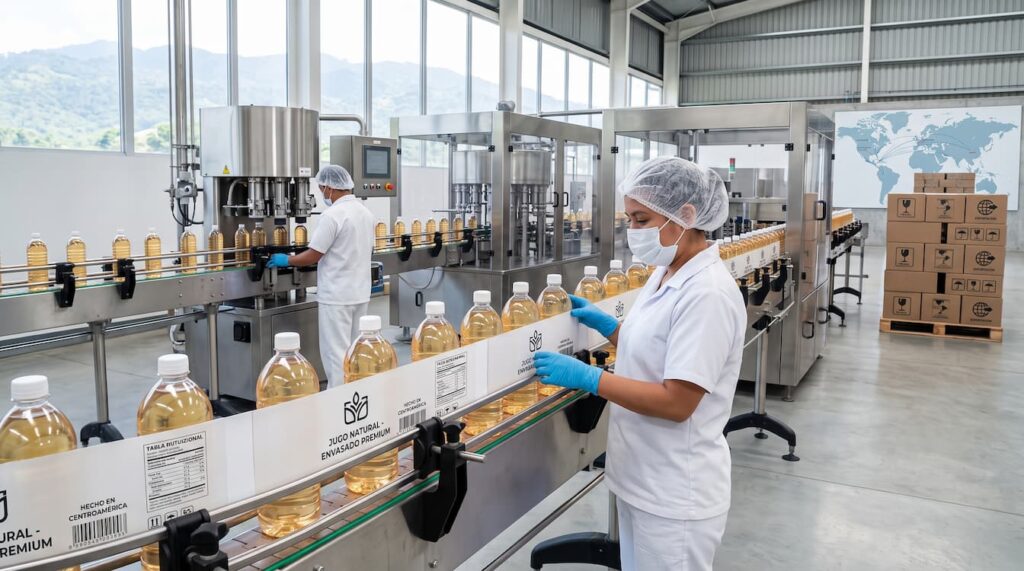 Trabajador en línea de producción de una fábrica de Envasado de bebidas en Guatemala