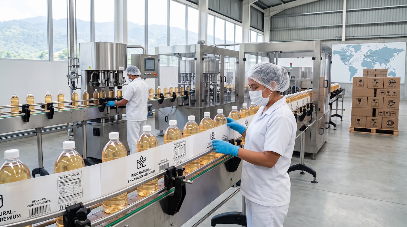 Trabajador en línea de producción de una fábrica de Envasado de bebidas en Guatemala