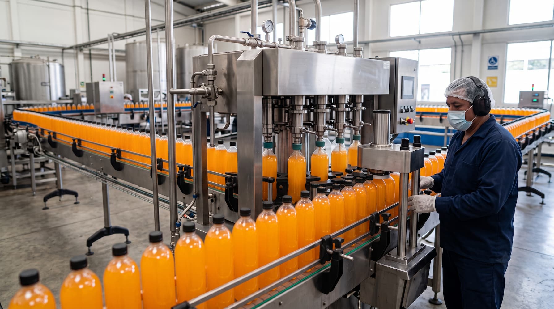 Trabajador operando una máquina que llena botellas de jugo de naranja en una planta de envasado en Guatemala.