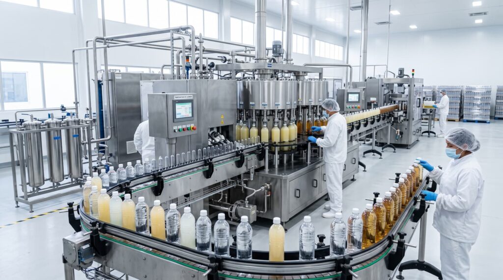 Trabajadores en uniformes blancos operando en una línea de producción de bebidas en Guatemala.