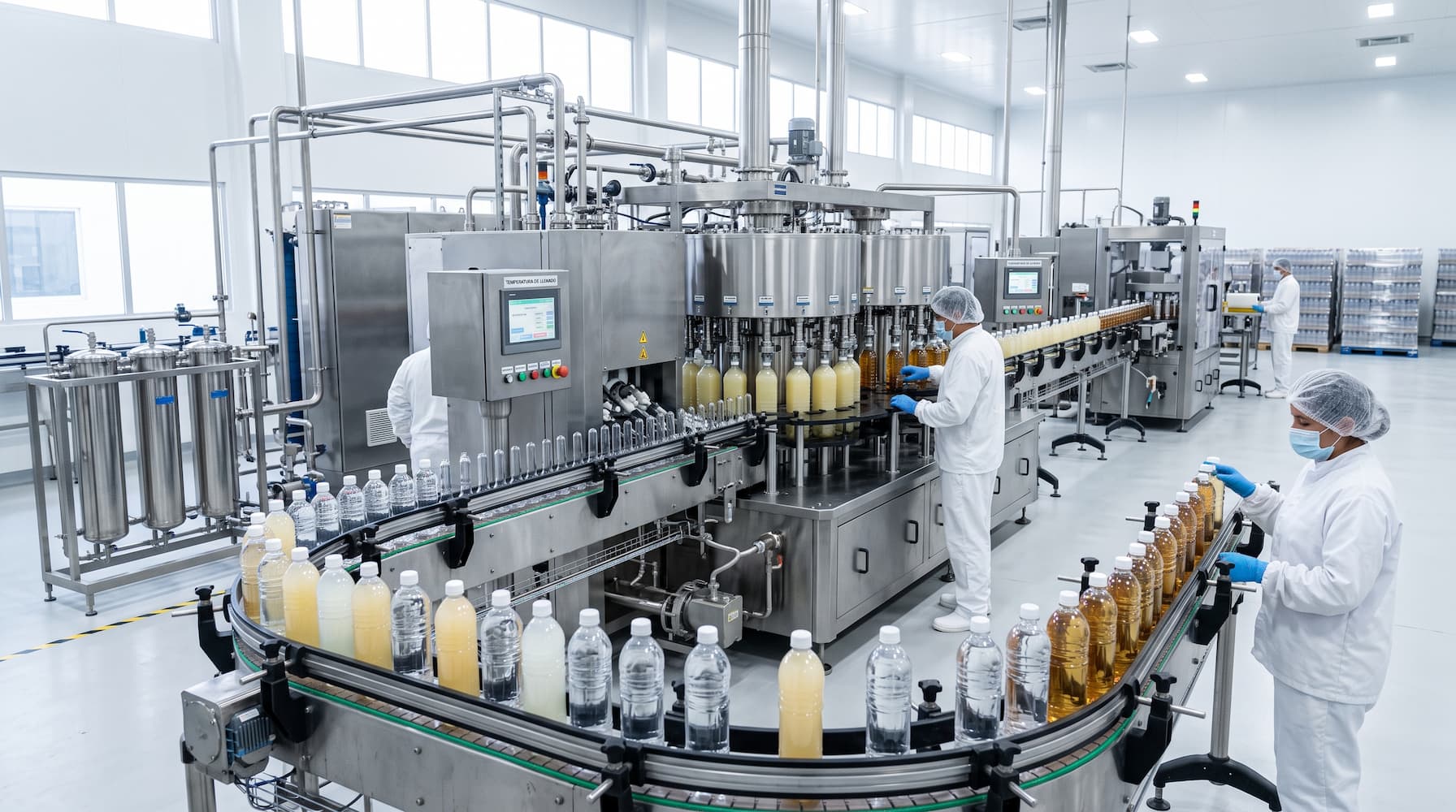 Trabajadores en uniformes blancos operando en una línea de producción de bebidas en Guatemala.