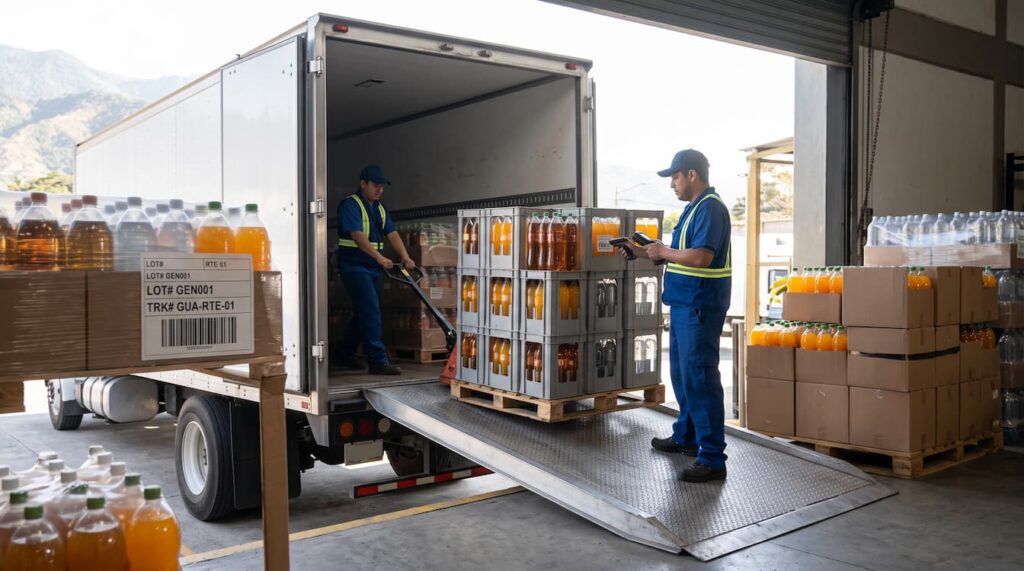 Dos hombres cargando cajas de bebidas en un camión en una fábrica de Envasado de bebidas en Guatemala