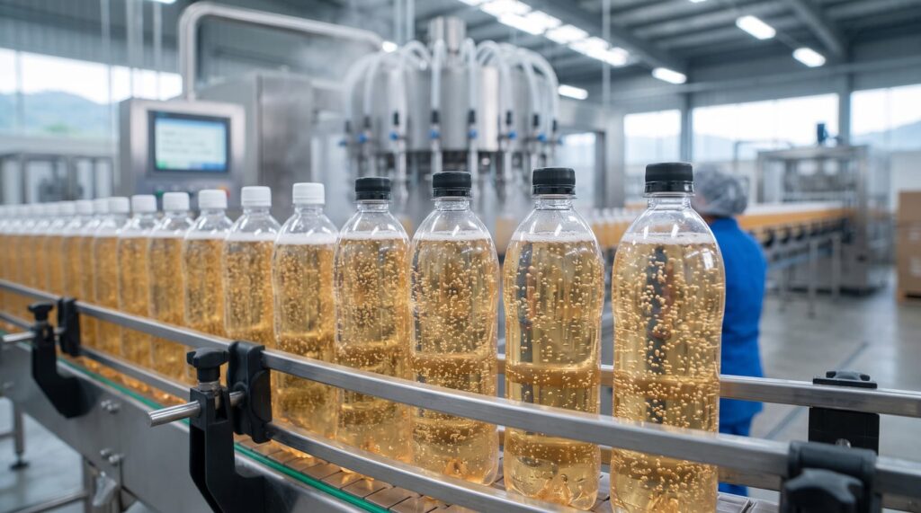 Botellas en una línea de producción en una fábrica de envasado de bebidas en Guatemala.