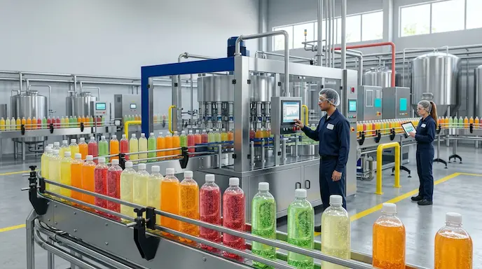 Producción industrial de aguas carbonatadas saborizadas en botellas PET en Guatemala.