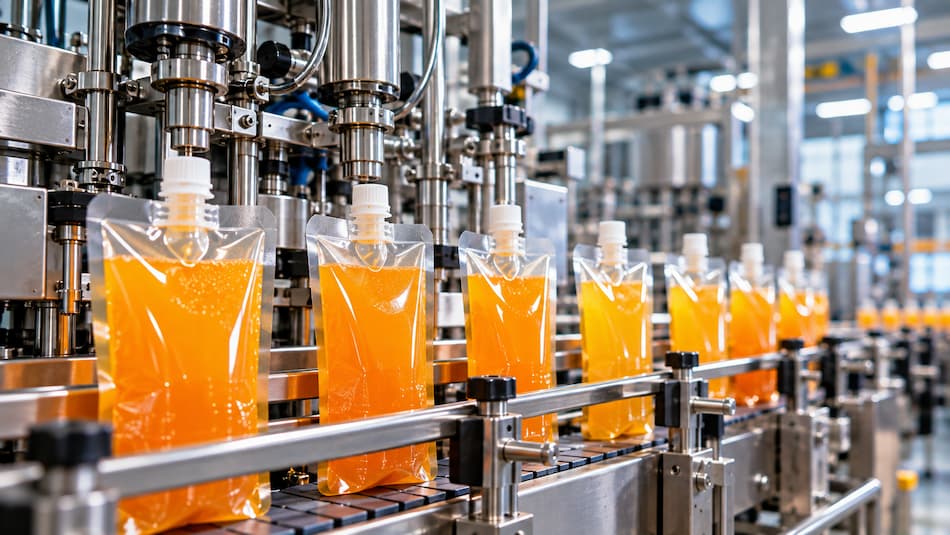 Jugo de naranja siendo vertido en bolsas pouch en un envasado de bebidas en Guatemala
