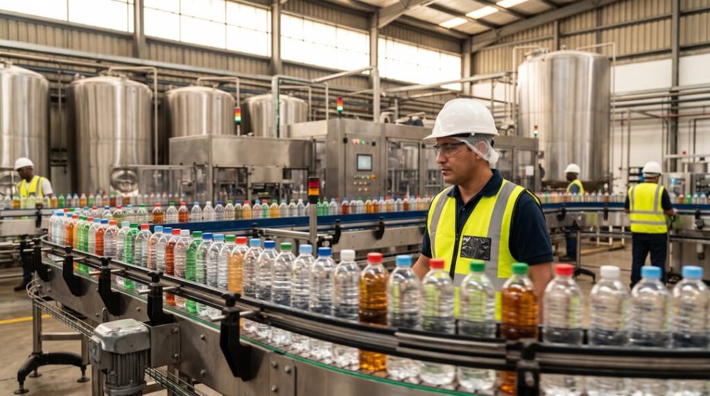 Trabajador en una fábrica de envasado de bebidas en Guatemala, envasando botellas de agua en una línea de producción.