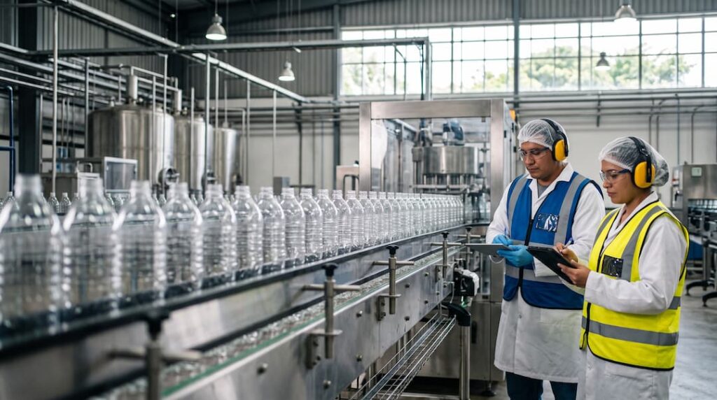 Dos trabajadores con equipo de seguridad frente a una máquina de envasado de bebidas en Guatemala.