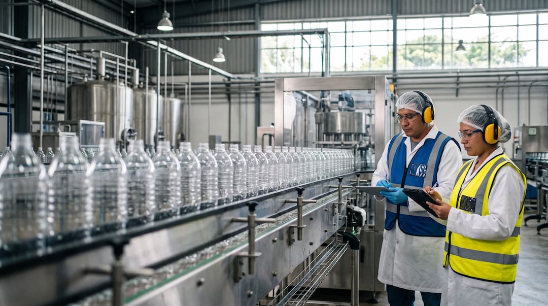 Dos trabajadores con equipo de seguridad frente a una máquina de envasado de bebidas en Guatemala.