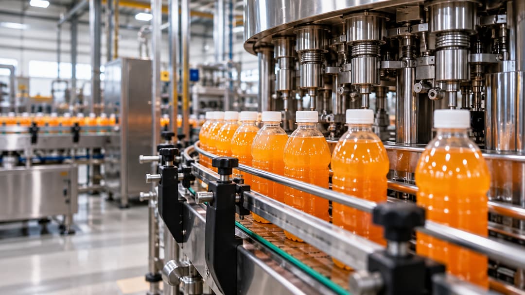 Botellas de jugo de naranja en una cinta transportadora dentro de una fábrica de envasado de bebidas en Guatemala