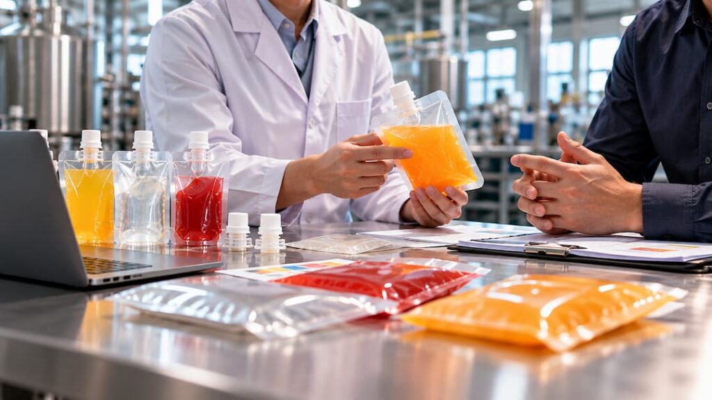 Dos personas con batas de laboratorio sosteniendo bebidas en un entorno de envasado de bebidas en Guatemala