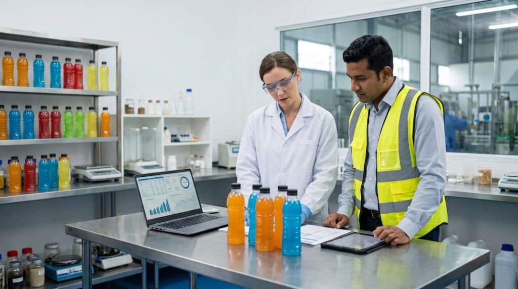 Dos personas con batas de laboratorio revisan una tablet en un entorno de envasado de bebidas en Guatemala.