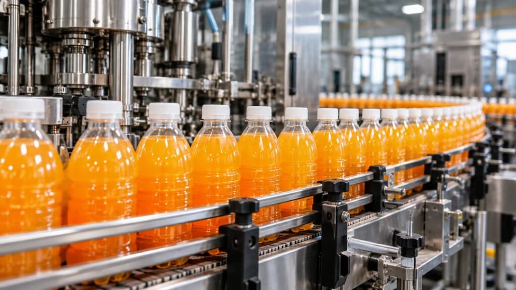 Botellas de jugo de naranja en una cinta transportadora dentro de una fábrica de envasado de bebidas en Guatemala