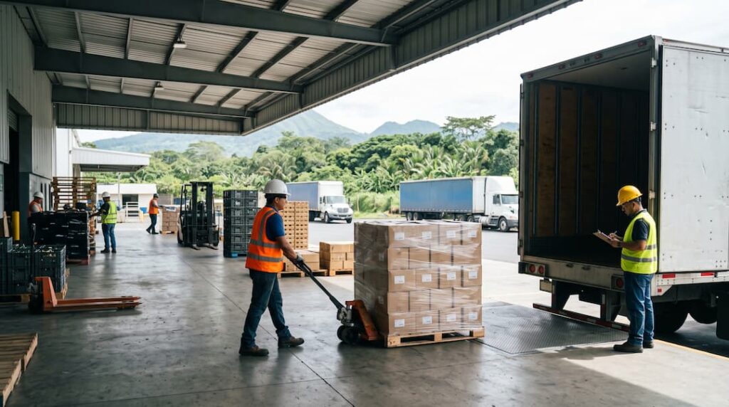 Dos trabajadores en un almacén industrial organizan cajas y palets de una fábrica de bebidas en Guatemala.