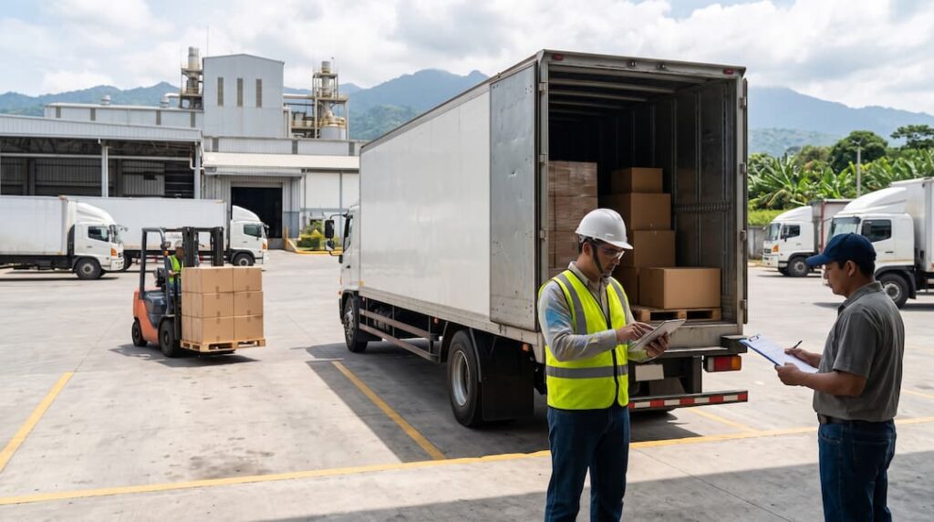 Dos hombres de pie frente a un camión cargado de cajas en una fábrica de envasado de bebidas en Guatemala.