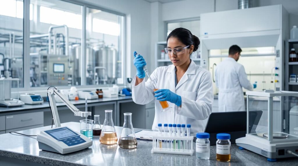 Mujer con bata de laboratorio sosteniendo un tubo de ensayo en un entorno de envasado de bebidas en Guatemala.