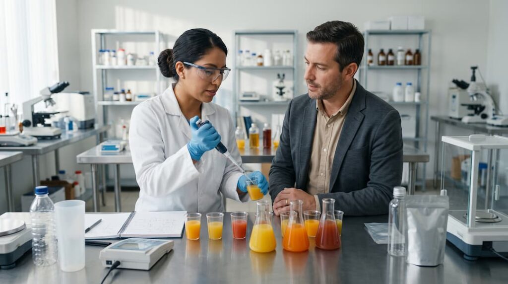 Dos personas con batas de laboratorio observan tubos de ensayo en un entorno de envasado de bebidas en Guatemala.