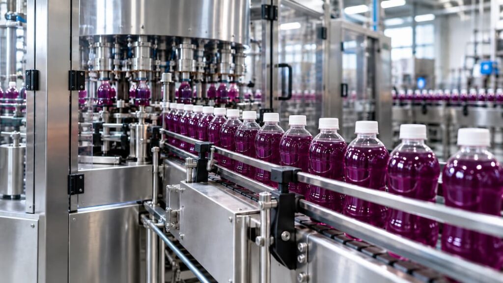 Botellas de líquido morado en una cinta transportadora dentro de una fábrica de envasado de bebidas en Guatemala