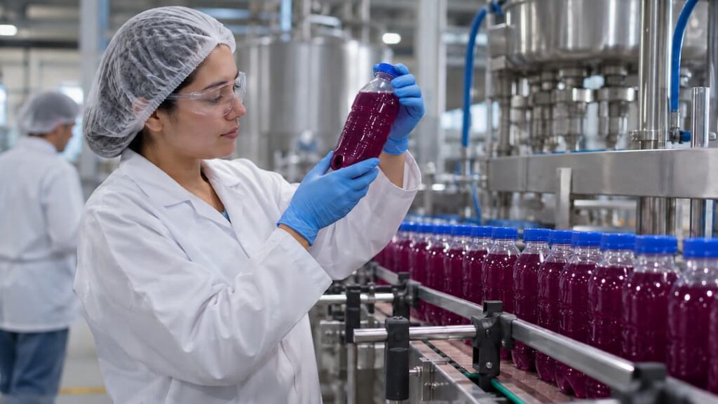 Mujer con bata de laboratorio sostiene una botella de líquido morado en un entorno de envasado de bebidas en Guatemala.